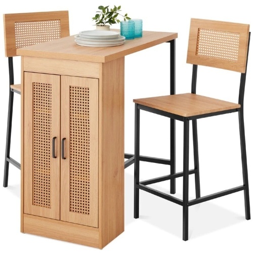 3-Piece Counter Height Rattan Kitchen Dining Table Set w/ Storage Shelves - Lot 50
