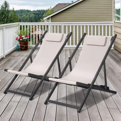 RICNOD Outdoor Patio Chairs Folding Sling Chairs Set of 2 Portable Aluminum Lounge Chairs Adjustable Beach Chairs Reclining Lawn Chairs with Headrest, Beige (RICS01) 32"D x 21"W x 37"H - Lot 146