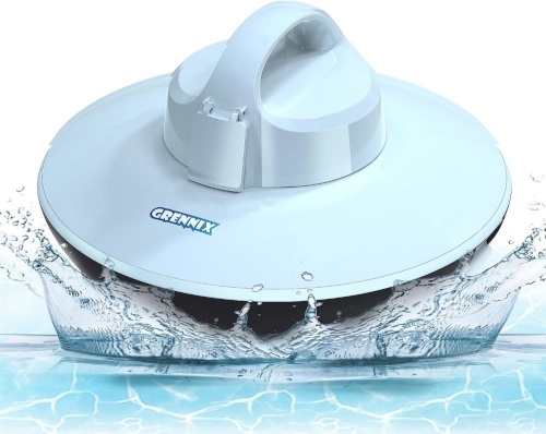 GRENNIX Robotic Pool Vacuum Cleaner - Autonomous Pool Vacuum for Above & In-Ground Pools - Strong Suction, Self-Docking Underwater Skimmer with Top Handle in Arctic Blue 13.5 x 13.5 x 8.46 inches - Lot 156