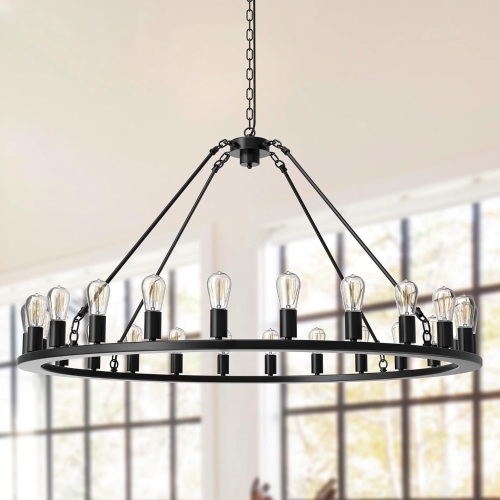 VONFAME Wagon Wheel Chandelier 24-Light - 48'' Extra Large Black Round Farmhouse Rustic Pendant Light Fixture for High Ceilings, Kitchen Island, Dining, Living Room, Foyer Entryway - Lot 85