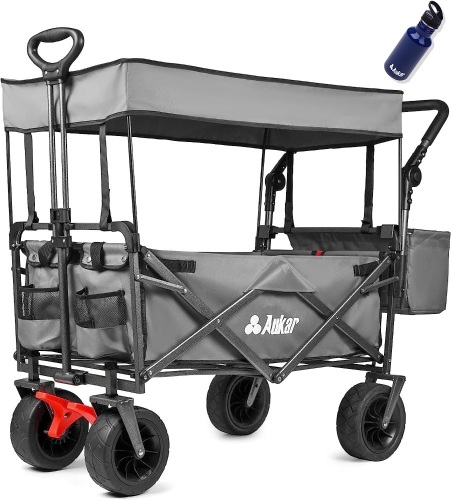 AUKAR Collapsible Canopy Wagon - Heavy Duty Utility Outdoor Foldable Garden Cart - with Adjustable Push Pulling Handles,Big Wheels for Sand, for Shopping, Picnic, Camping, Sports - Grey 44"D x 22"W x 43"H - Lot 86