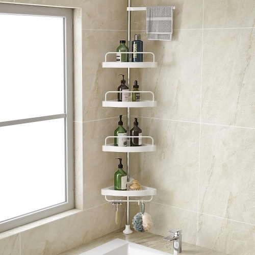 Corner Shower Caddy Tension Pole: Adjustable Stainless Steel Shower Organizer with 4 Tier Shelf for Bathroom Bathtub Tub Shampoo - Floor Standing Rack Bath Storage Holder with Rust Proof Rods 9"D x 9"W x 122"H - Lot 89