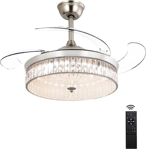 Ohniyou 42" Retractable Ceiling Fan with Light and Remote,Crystal Chandelier Ceiling Fan for Bedroom Living Room Indoor (Chrome Silver) - Lot 142