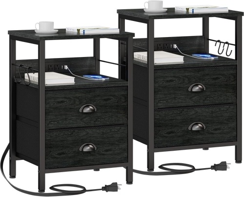 Furologee Nightstands Set of 2, End Tables with Charging Station and USB Ports, Side Tables with 2 Fabric Drawers, Bedside Tables with Storage Shelf & Hooks, for Living Room/Bedroom, Black Oak 14.96"D x 11.75"W x 22.25"H - Lot 143