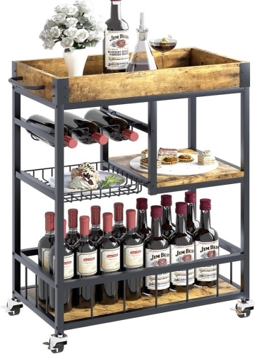 aboxoo Bar Cart Wine Glass 3 with Basket Tier Home Rolling Rack with Wheels Mobile Kitchen Industrial Vintage Style Wood Metal Serving Trolley Serving Cart,Glass Holder Bar Cabinet 29"D x 13"W x 33"H - Lot 181