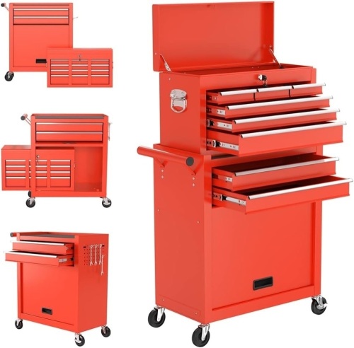 8-Drawer High Capacity Tool Chest with 4 Wheels,Lockable Rolling Tool Box and Tool Storage Cabinet,Removable Portable Set-Top Box Tool Organizer with Drawer for Garage Factory Workshop (Red)13"D x 24.4"W x 42.9"H - Lot 435