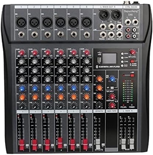 Depusheng DX6 Professional Mixer Sound Board Console 6 Channel Desk System Interface Digital USB MP3 Input 48V Phantom Power Stereo DJ Studio FX Steel Chassis,Black Bluetooth USB Audio Mixer for PC - Lot 167B