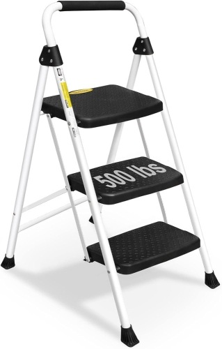 SocTone 3 Step Ladder, Folding Step Stool for Adults with Handle, Lightweight, Perfect for Kitchen& Household, 500lbs Capacity Sturdy Steel Ladder White 17.3"W x 44.1"H - Lot 168B