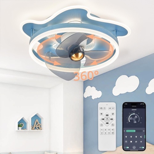 LEDIARY Ceiling Fans with Lights for Kids Room, LED Dimmable Low Profile , Cartoon Flush Mount Ceiling Fan for Boys, 6 Fan Speeds, Remote and App Contol, Blue - Lot 174