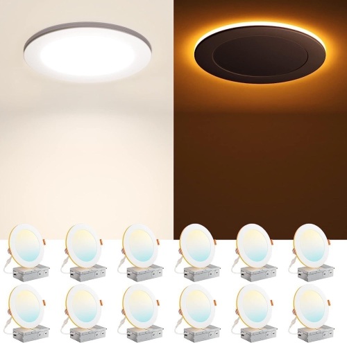 Amico 12 Pack 6 Inch 5CCT LED Recessed Ceiling Light with Night Light, 2700K/3000K/3500K/4000K/5000K Selectable Ultra-Thin Lighting, 12W=110W, 1100LM, Dimmable Canless Wafer Downlight ETL&FCC - Lot 811