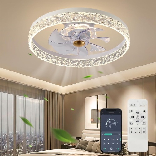Fszdorj 2023 Upgraded 20‘’ Smart Ceiling Fan with Light, Low Profile Fan, Flush Mount Ceiling Fan, 6 Speeds, Dimmable LED, App & Remote Control, Quiet DC Motor, For Bedroom, Living Room, F111 White - Lot 298