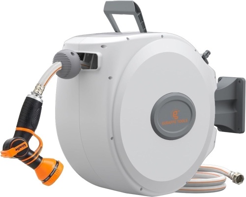 Giraffe Tools CW20 Retractable Garden Hose Reel 5/8" x 65 ft Heavy Duty Water Hose Reel, Swivel Bracket, Any Length Lock, 65ft, Light Grey - Lot 199