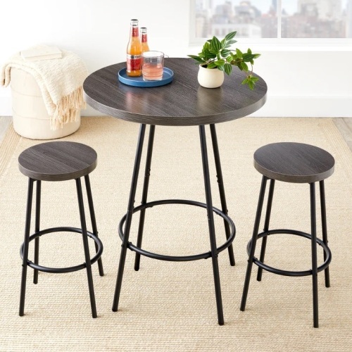 3-Piece Bistro Set Modern Round Counter Height Dining Set w/ 2 Stools Table Dimensions: 24.5"(Dia) x 35.75"(H) Chair Dimensions: 17"(Dia) x 24.5"(H) Tabletop Diameter: 23.5"(Dia) Tabletop Thickness: 1"(Thick) Apron: 34.75"(H) Seat Dimensions: 11.75"(Dia) - Lot 202