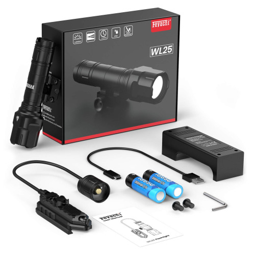 Feyachi WL25 Professional Tactical Flashlight 1200 Lumen LED Light With Pressure Switch, 3 Modes - High/Low/Strobe, USB Rechargeable Battery - Lot 3347