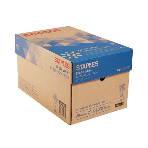 Staples Multipurpose Paper, 8.5" x 11", 22 lbs., Bright White, 500 Sheets/Ream, 10 Reams/Carto - Lot 4230