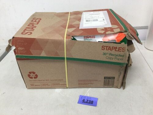 Staples Recycled Copy Paper, 8.5" x 14", 20 lbs., White, 500 Sheets/Ream, 10 Reams/Carton - Lot 4238