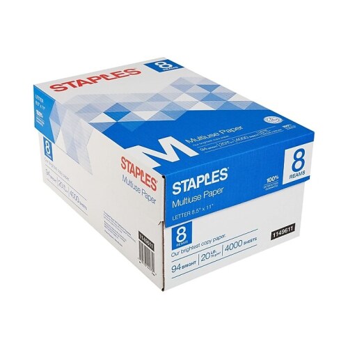 Staples Multiuse Copy Paper, 8.5" x 11", 20 lbs., 94 Brightness, 500 Sheets/Ream, 8 Reams/Carton - Lot 4245