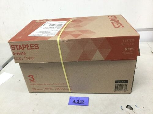 Staples 3-Hole Punch Copy Paper, 8.5" x 11", 20 lbs., 500 Sheets/Ream, 10 Reams/Carton - Lot 4247