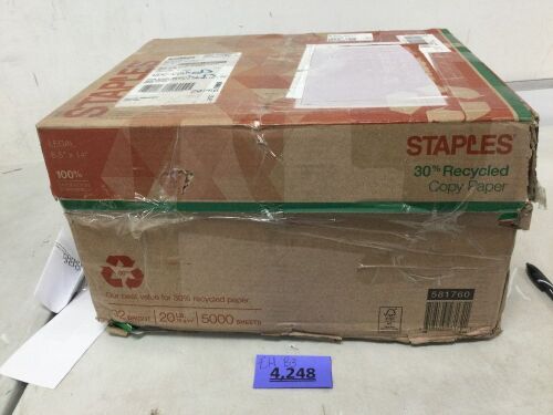 Staples Recycled Copy Paper, 8.5" x 14", 20 lbs., White, 500 Sheets/Ream, 10 Reams/Carton - Lot 4248