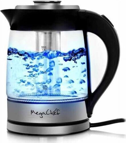 MegaChef 1.8 Liter Cordless Glass and Stainless Steel Electric Tea Kettle with Tea Infuser - Lot 4465