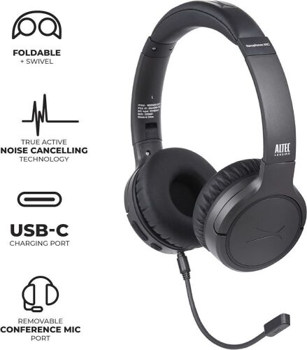 Altec Lansing Nanophones ANC Bluetooth Wireless Active Noise Cancelling Headphones On Ear Headphones 12 Hour Battery Life, Foldable Earcups, Removeable Mic for Working and Learning from Home - Lot 4471