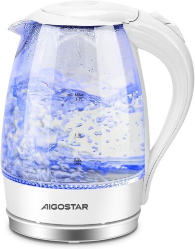Aigostar Electric Kettle, 1.7 Liter Electric Tea Kettle with LED Illuminated and High Borosilicate Glass, Hot Water Kettle with Filter, BPA Free, Auto Shutoff, Boil-Dry Protection, Cordless, 360° Base - Lot 4472