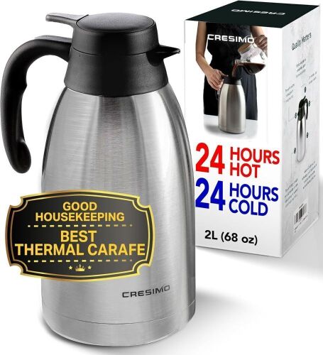 Thermal Coffee Carafe 68 oz - 24 Hours Hot Beverage Dispenser, Insulated Stainless Steel Double Walled Vacuum Flask - Coffee Carafes For Keeping Hot Coffee & Tea, Coffee Dispenser & Tea Dispenser - Lot 4473