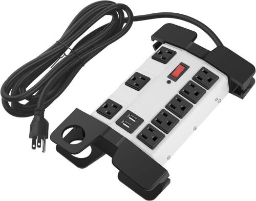 Heavy Duty Power Strip with USB, Workshop 8 Outlet Surge Protector 2700 Joules, Grey Industrial Metal 15Amp Power Strip, 10FT Extension Cord and Wide Spaced - Lot 4490