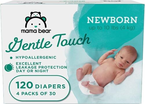 Amazon Brand - Mama Bear Gentle Touch Diapers, Hypoallergenic, Newborn, White, 120 Count (4 Pack of 30 ) - Lot 4523