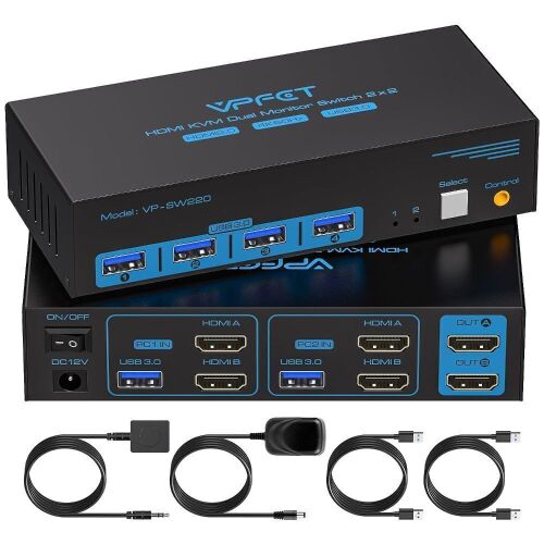 HDMI KVM Switch Dual Monitor 2 Port 4K@60Hz 2 Monitors 2 Computers USB 3.0 KVM Switcher PC Extended Display for 4 USB Devices Like Mouse Keyboard Printer Gamepad Desktop Controller and 2 USB Cables - Lot 4612