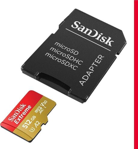 SanDisk 512GB Extreme microSDXC UHS-I Memory Card with Adapter - Up to 160MB/s, C10, U3, V30, 4K, A2, Micro SD - SDSQXA1-512G-GN6MA - Lot 4610