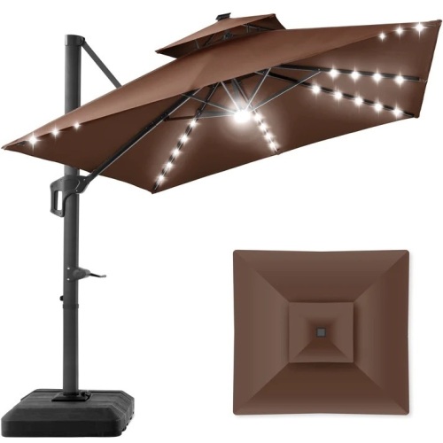 2-Tier Square LED Cantilever Offset Umbrella w/ 360 Rotation, Base - 10x10ft  - Lot 4436