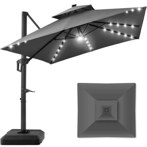 2-Tier Square LED Cantilever Offset Umbrella w/ 360 Rotation, Base - 10x10ft - Lot 4437