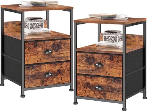 Furologee End Table with 2 Fabric Drawers and Shelf, Rustic Brown, Set of 2   - Lot 314