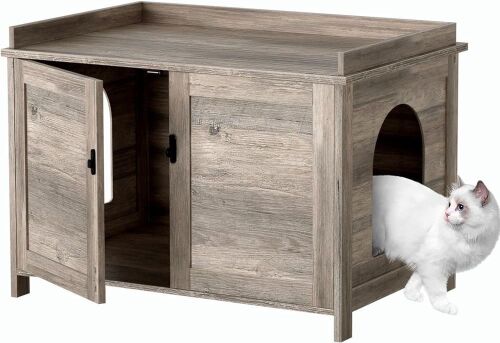 RunLexi Wooden Enclosed Modern Litter Box Cabinet with Divider, Greige  - Lot 585