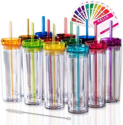 Skinny Tumblers 16oz Double Wall Clear Acrylic Tumblers, 12 Colors - Lot 601