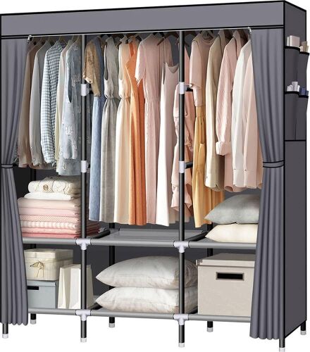 LOKEME 61-Inch Portable Wardrobe with 3 Hanging Rods and 6 Storage Shelves, Non-Woven Fabric - Lot 621