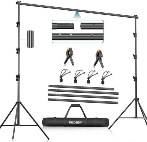FUDESY 10 x 10Ft Heavy Duty Adjustable Backdrop Stand with Carry Bag, Spring Clamps  - Lot 455