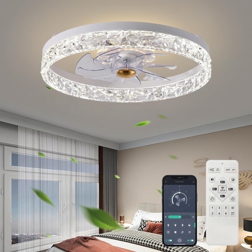 Fszdorj 2023 Upgraded 20‘’ Smart Ceiling Fan with Light, Low Profile Fan, Flush Mount Ceiling Fan, 6 Speeds, Dimmable LED, App & Remote Control, Quiet DC Motor, For Bedroom, Living Room, F098 White - Lot 99