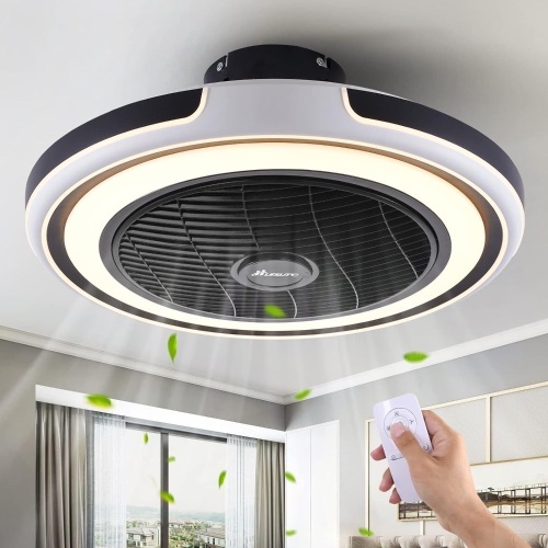 HuixuTe 21 in Modern Ceiling Fan with Light Remote Control, 3 Colors 3 Speeds Enclosed Ceiling Fan, Low Profile Fush Mount Ceiling Fan with Light for Bedroom Living Room - Lot 100