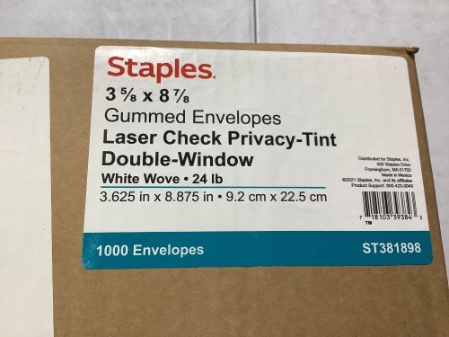 Staples 3 5/8 X 8 7/8 Gummed Envelopes Laser Check Privacy Tint Double Window white wove 1000 Envelopes - Lot 181