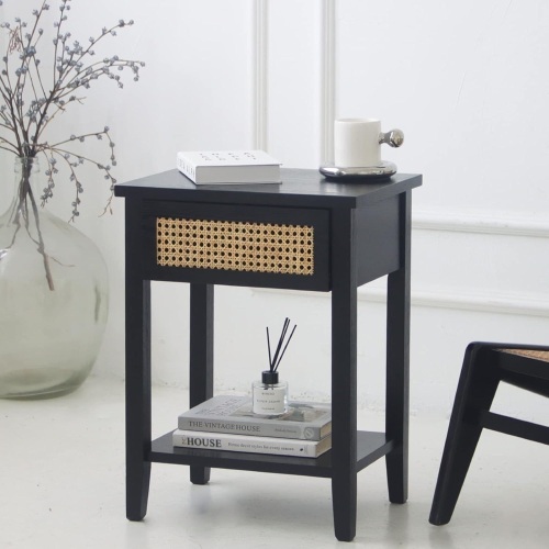 MaxSmeo Black Nightstand with Rattan Drawer, Bedside Table Mid Century Modern Nightstand with Open Shelf, End Table Side Table for Bedroom,Living Room, Easy Assembly 17.7"D x 13.4"W x 23.6"H - Lot 195