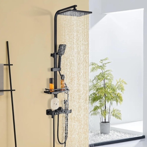 MOSSON Shower System Thermostatic Matte Black Bathroom Shower Faucet Set with Tub Spout,Shower Head,3 Functions Hand Sprayer,Bidet and Shelf Rain Shower Fixtures Kit Wall Mounted - Lot 204