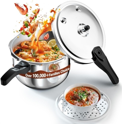 WantJoin Stainless Steel Pressure Cooker(Non-Aluminum),10 Quart Induction Compatible Pressure Cooker with Spring Valve Safeguard Devices,Compatible with Gas & Induction Cooker - Lot 205
