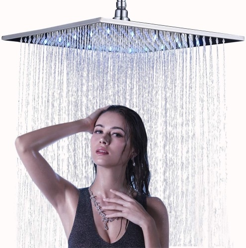 NeierThodore Polished Chrome Large 16 Inch LED Shower Head Solid Square Rainfall - Lot 209