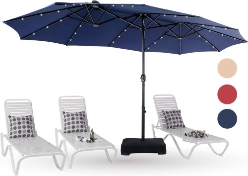 PHI VILLA 15ft Large Patio Umbrella with Solar Lights, Double-Sided Outdoor Market Rectangle Umbrellas with 36 LED Lights, Umbrella Base (Stand) Included, Navy Blue - Lot 223