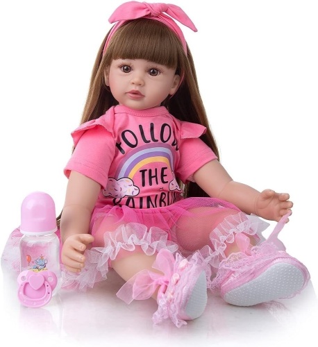KEIUMI Lifelike Realistic Reborn Baby Dolls 24 Inch Soft Silicone Weighted Reborn Toddler Doll with Long Straight Brown Gold Hair Best Birthday Present for Girls Age 3+ (Light Brown Hair Doll) - Lot 118