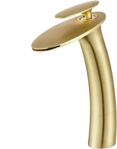 Wovier Brushed Gold Waterfall Bathroom Faucet,Single Handle Single Hole Brass Lavatory Vanity Vessel Faucet,Slanted Body Basin Mixer Tap Tall Body with Supply Hose - Lot 155