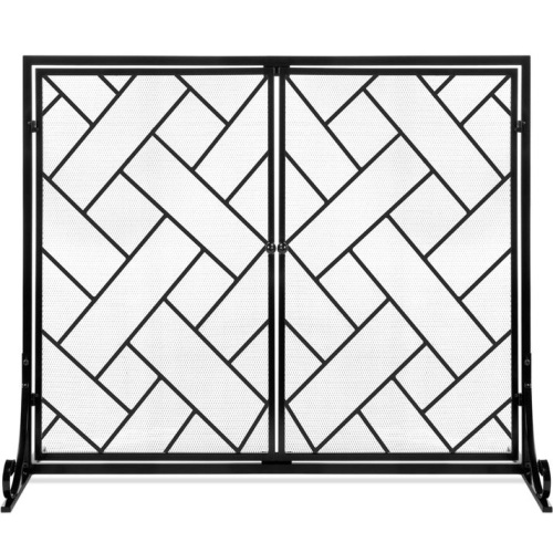 2-Panel Wrought Iron Geometric Fireplace Screen w/ Magnetic Doors - 44x33in - Lot 238