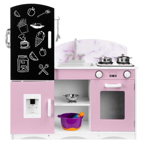 Best Choice Products Wooden Pretend Play Kitchen Toy Set for Kids w/ Chalkboard, Marble Backdrop, 7 Accessories - Pink - Lot 351